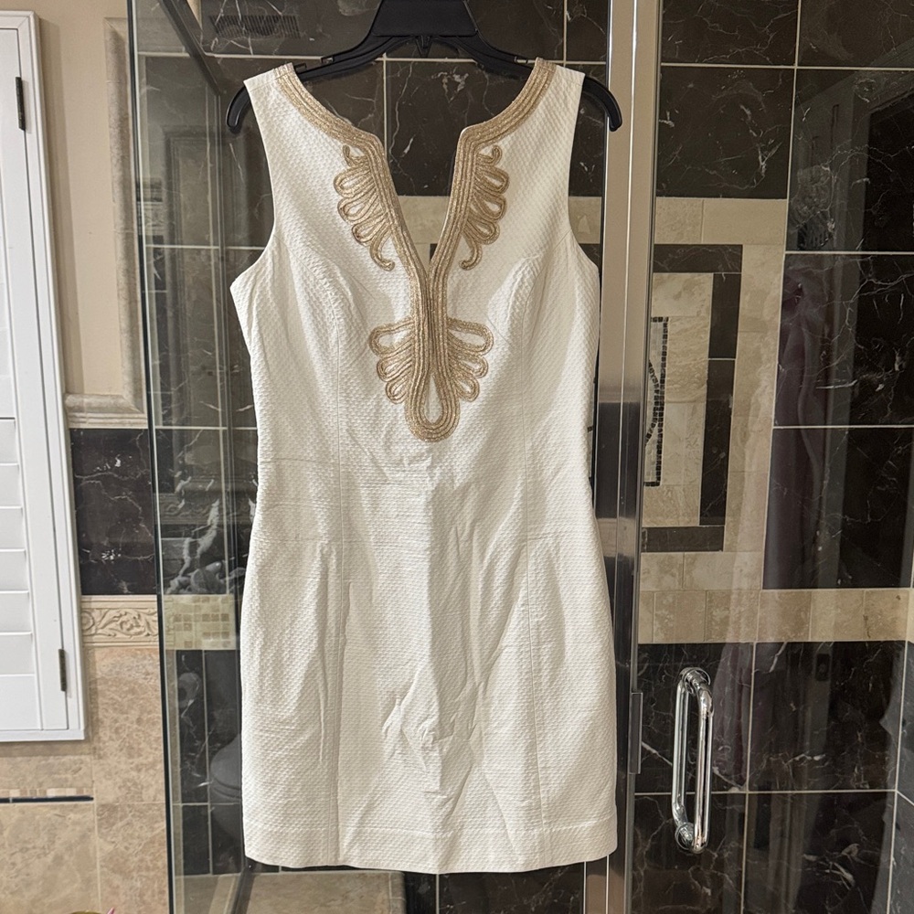 Lilly Pulitzer White Dress with Pink Label and Gold Trim